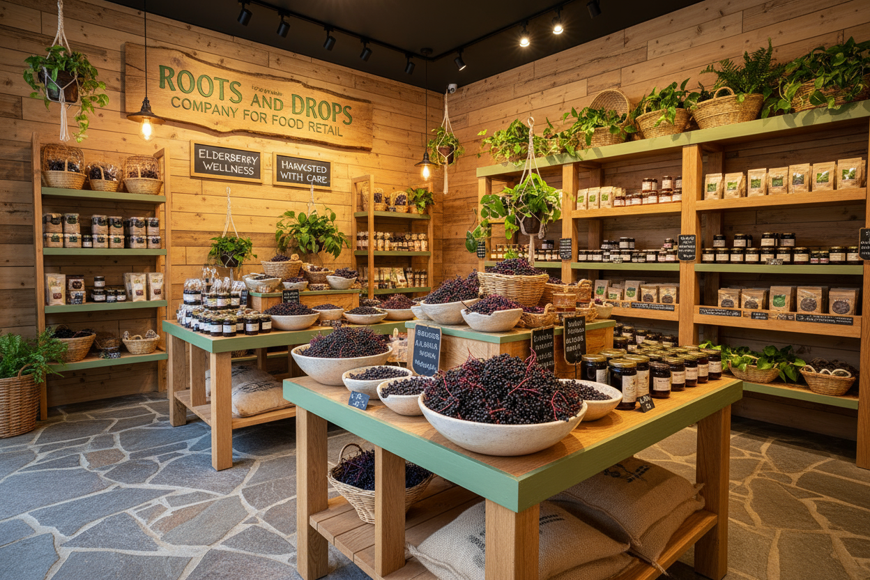 shop titled roots and drops company for food retail displaying Elderberries in products display made of wood trimmed green