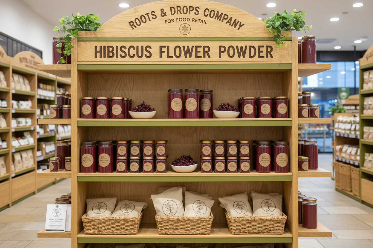 shop titled roots and drops company for food retail displaying Hibiscus Flower Powder in products display made of wood trimmed green