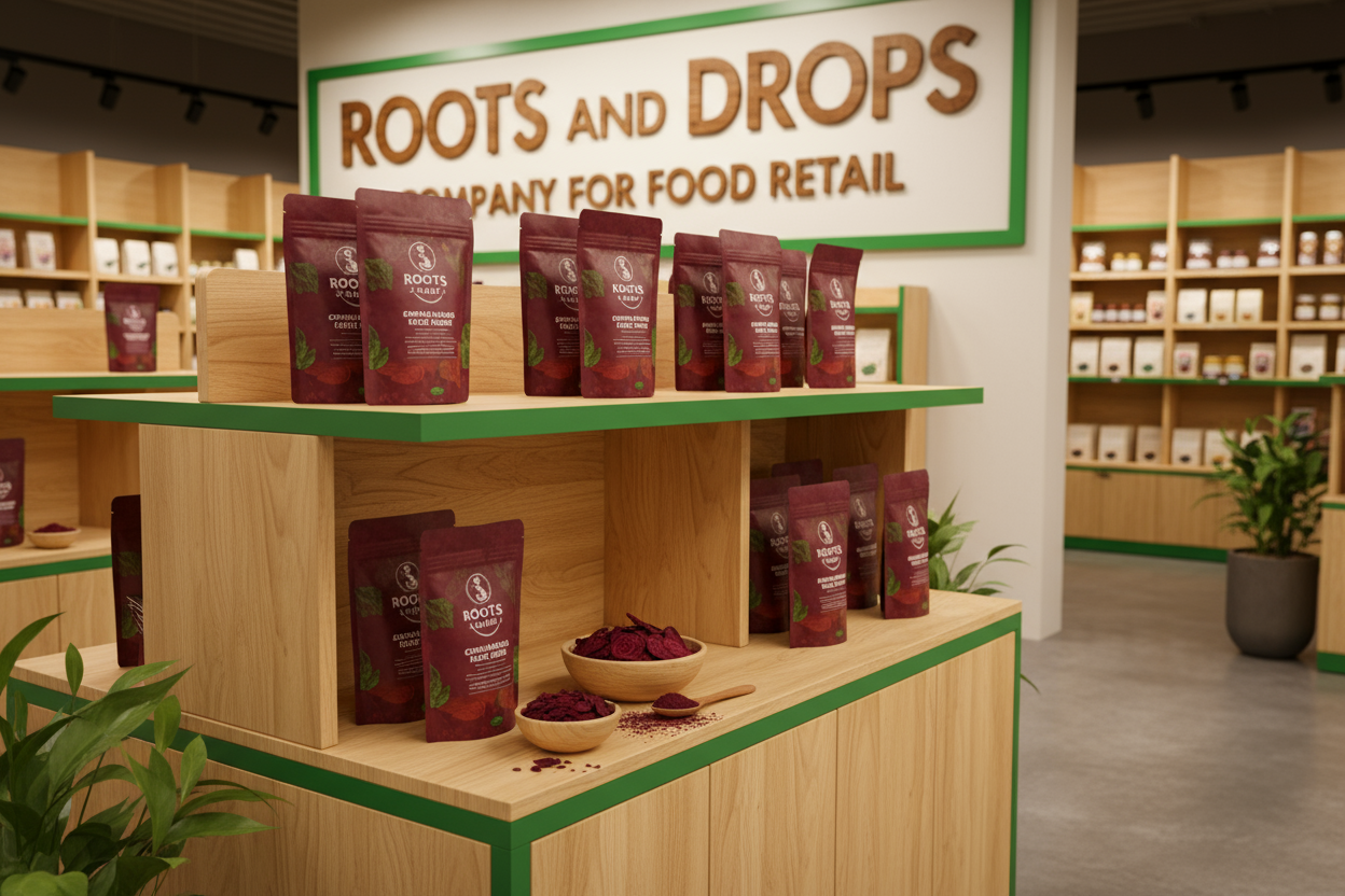 shop titled roots and drops company for food retail displaying Organic Beet Root Powder in products display made of wood trimmed green