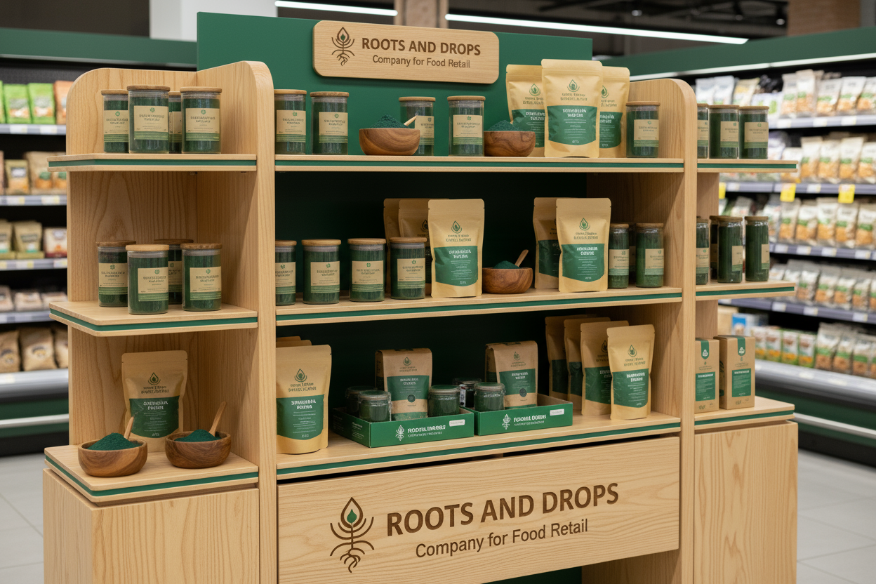 shop titled roots and drops company for food retail displaying Spirulina Powder in products display made of wood trimmed green